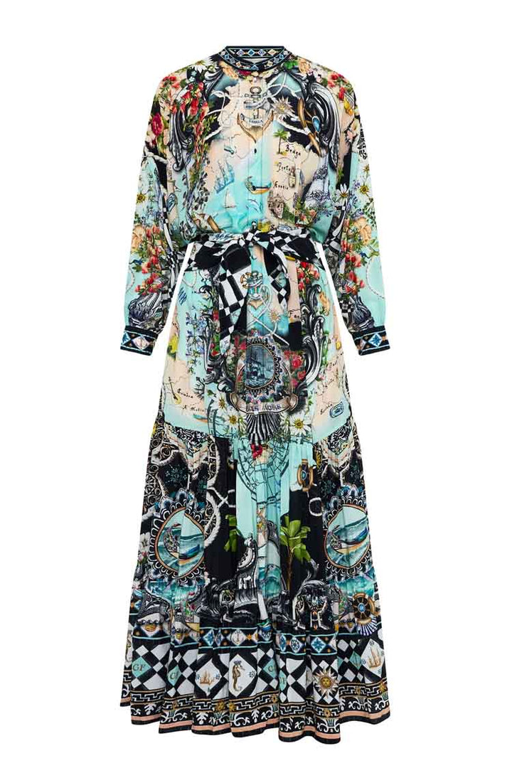 Tiered Shirtdress with Wide Waist Tie in Folk Afloat