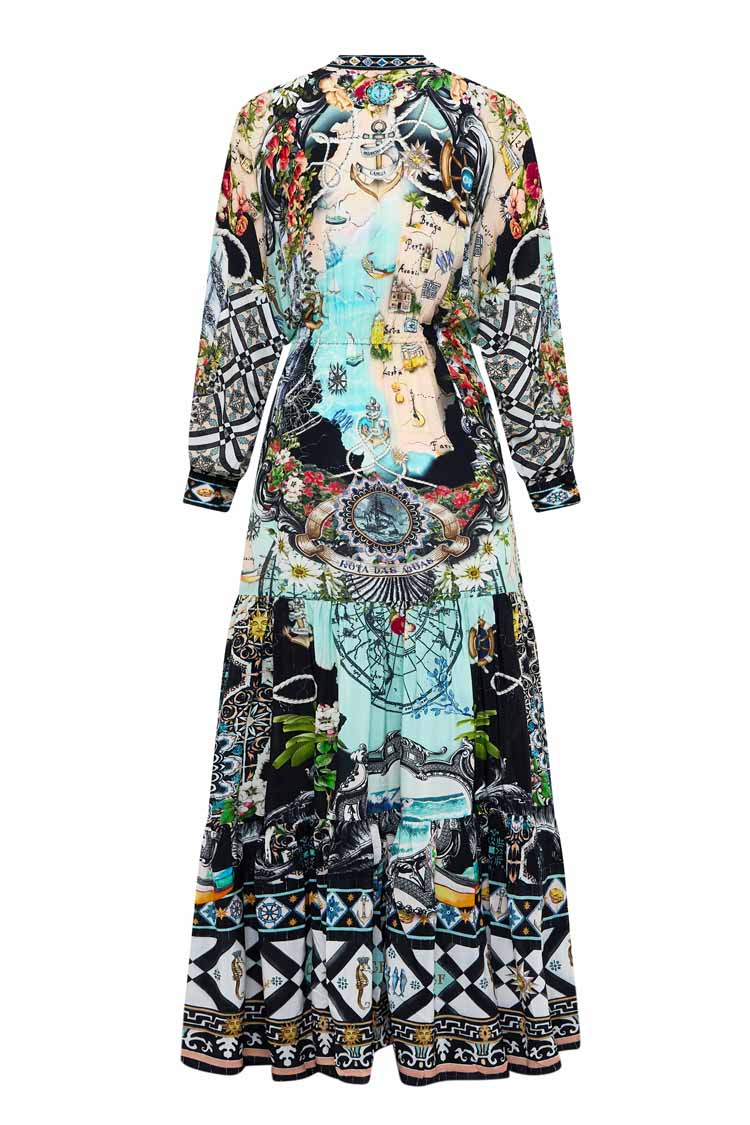 Tiered Shirtdress with Wide Waist Tie in Folk Afloat