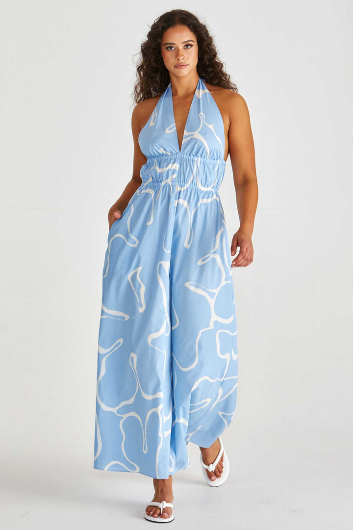 Tilda Backless Plunge Dress in Abstract Daisy