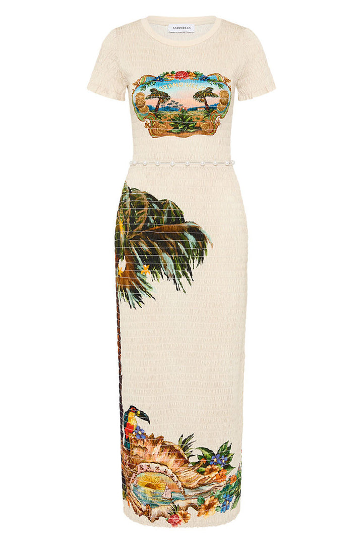 Trips Shirred Long Dress in Seashell