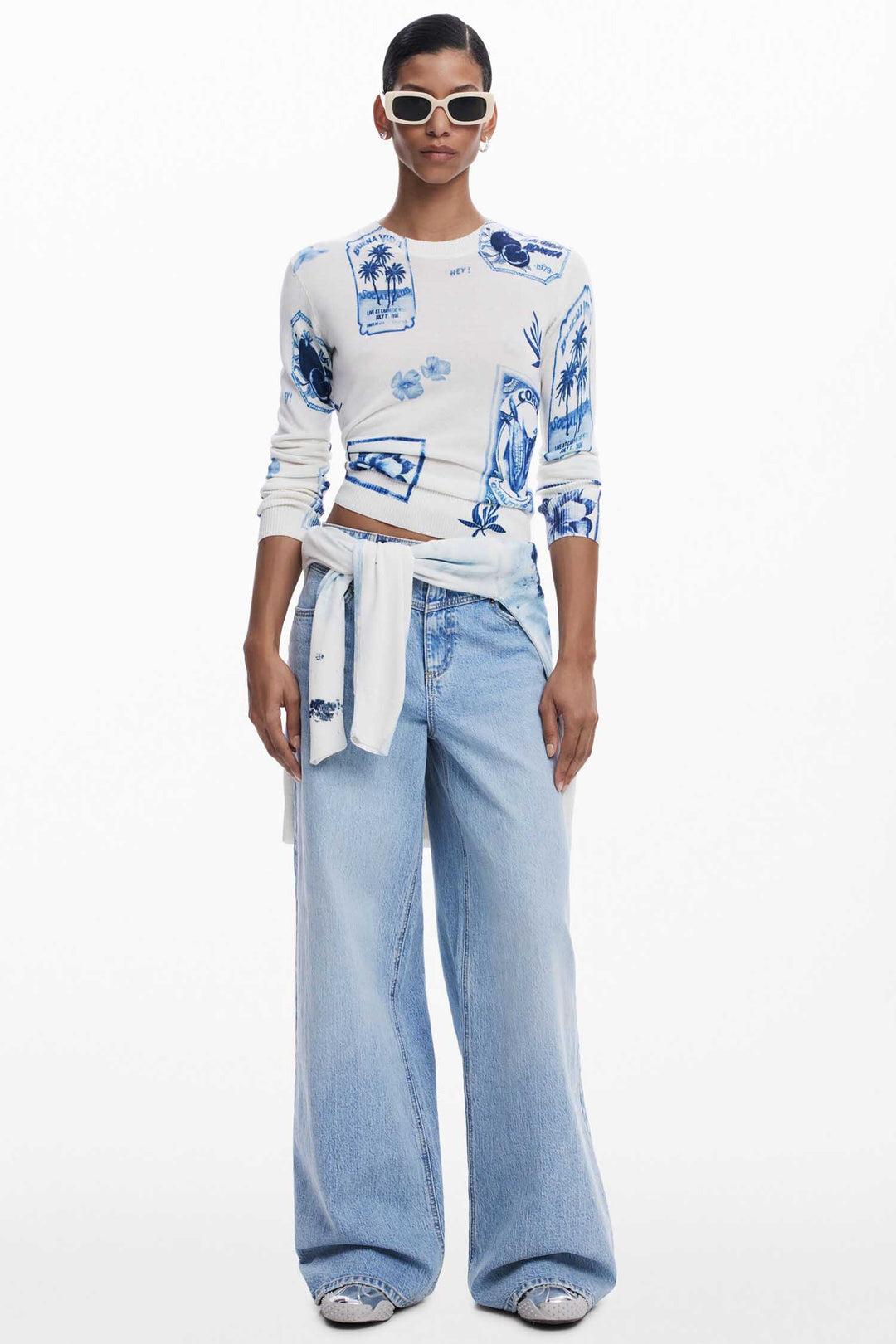 Tropical Navy Stamps Print Sweater