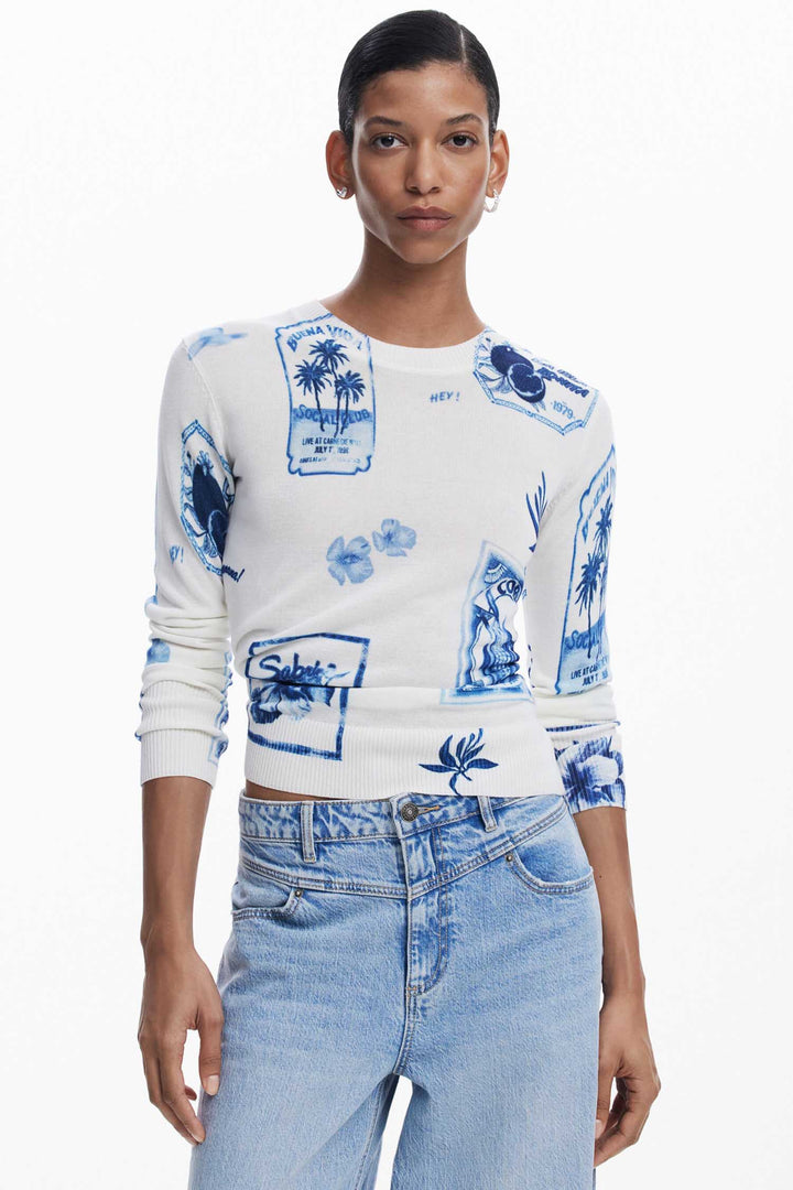 Tropical Navy Stamps Print Sweater