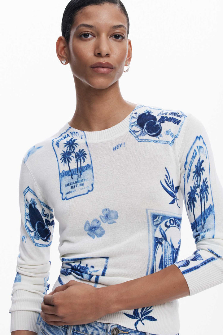 Tropical Navy Stamps Print Sweater
