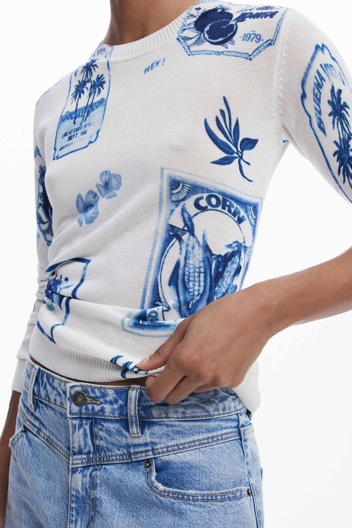 Tropical Navy Stamps Print Sweater