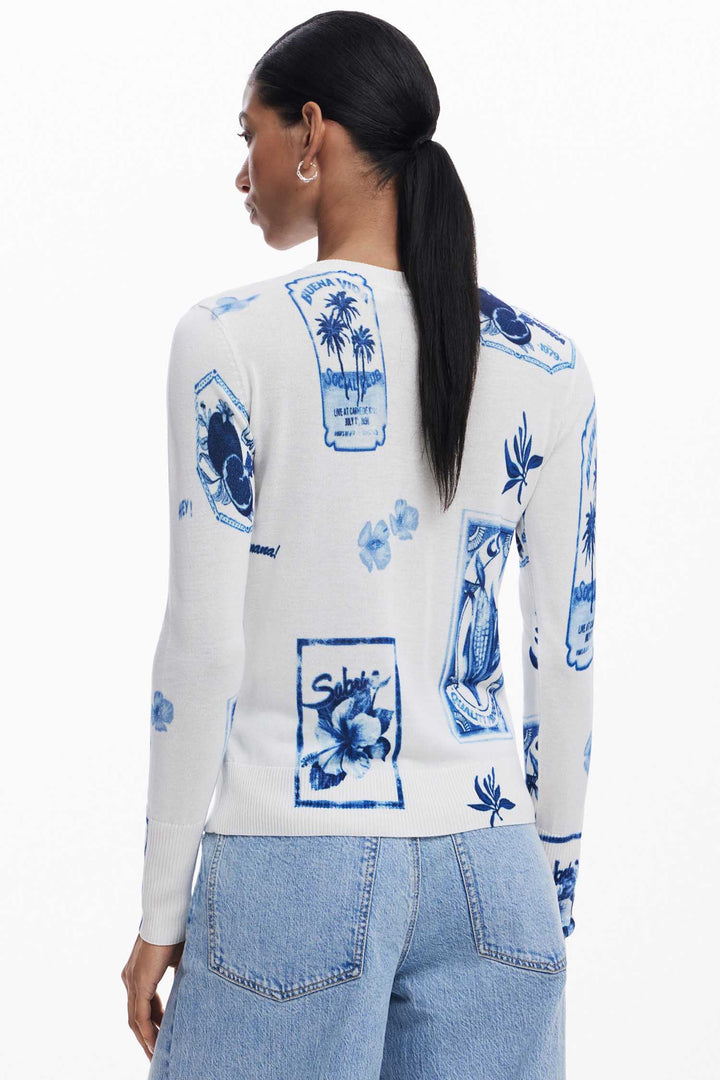 Tropical Navy Stamps Print Sweater
