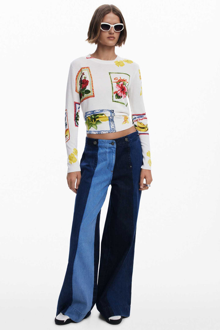 Tropical Stamps Print Sweater in White