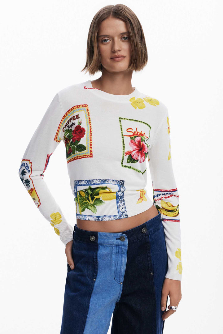 Tropical Stamps Print Sweater in White