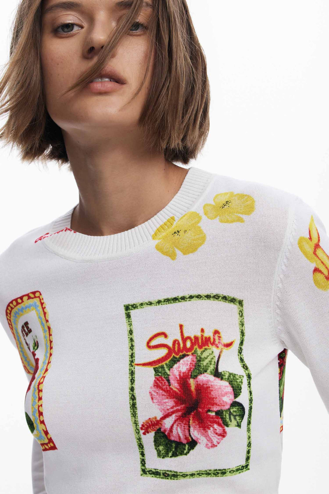 Tropical Stamps Print Sweater in White
