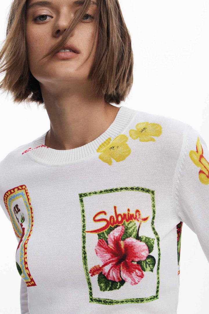 Tropical Stamps Print Sweater in White