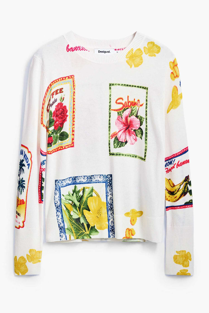Tropical Stamps Print Sweater in White