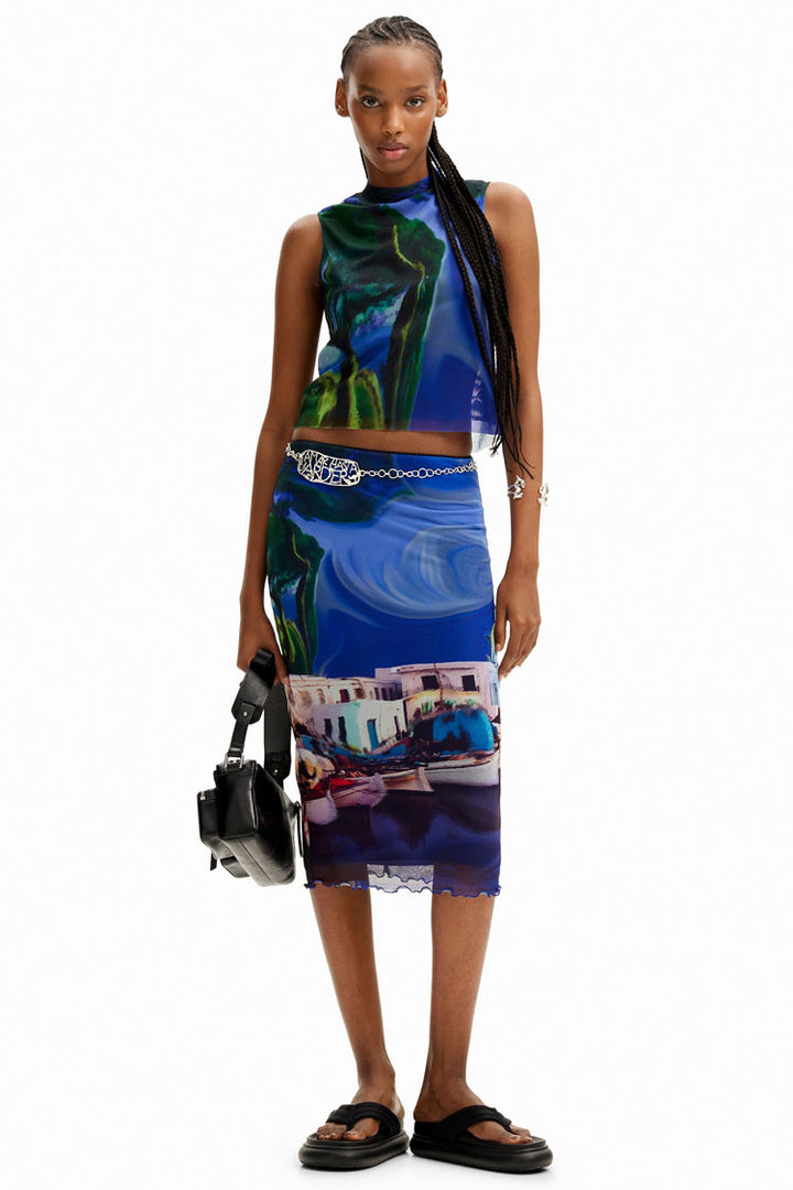 Tulle Landscape Printed Midi Skirt