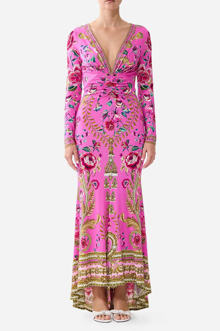 V Neck Dress w Twist Front Detail in Matadora Flora