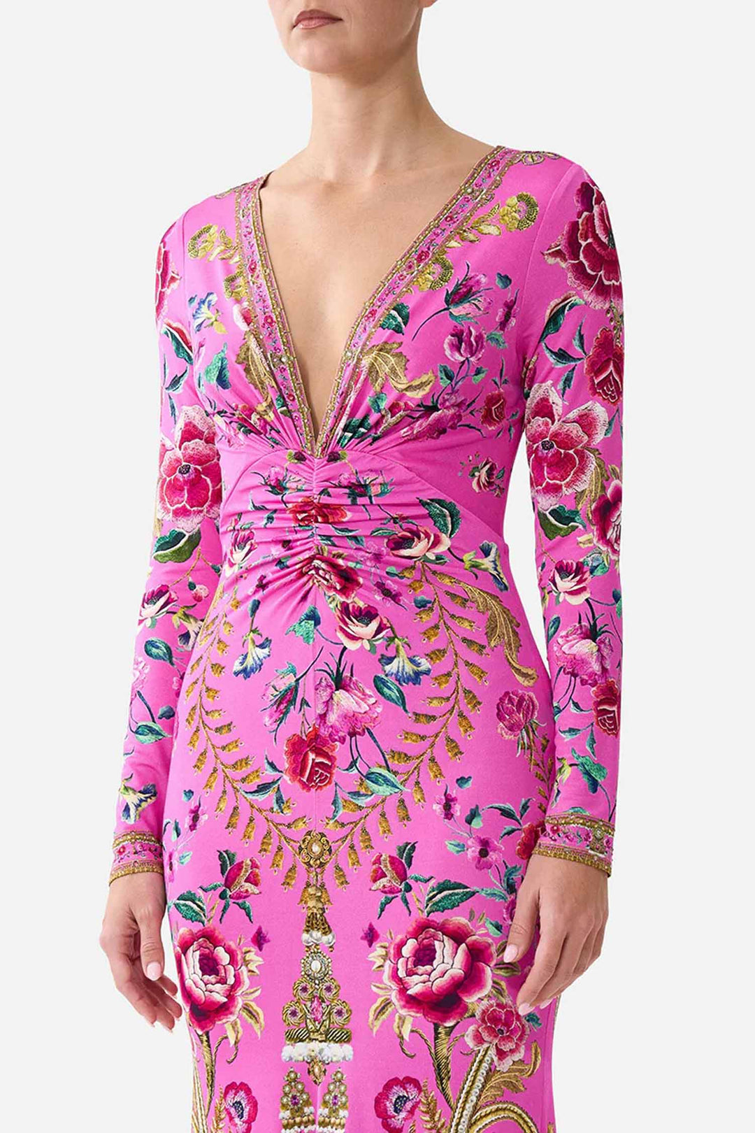 V Neck Dress w Twist Front Detail in Matadora Flora