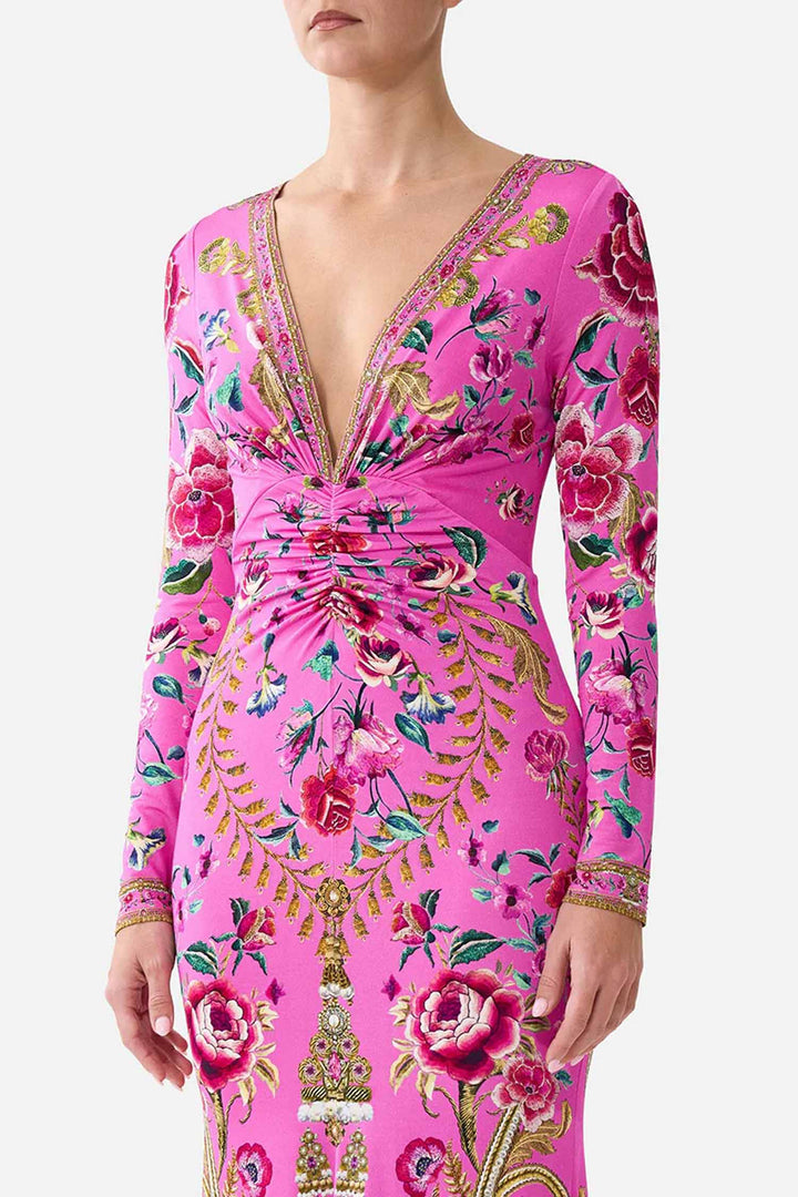 V Neck Dress w Twist Front Detail in Matadora Flora