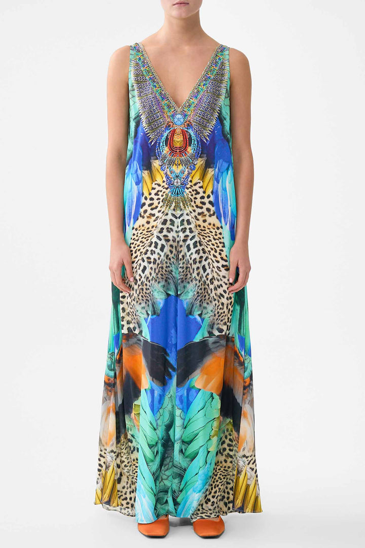 V-Neck Flared Jumpsuit in Jungle Flight