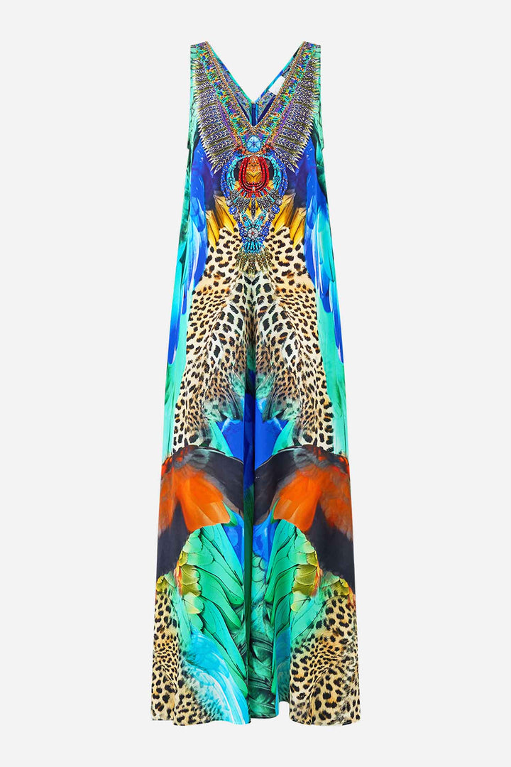 V-Neck Flared Jumpsuit in Jungle Flight