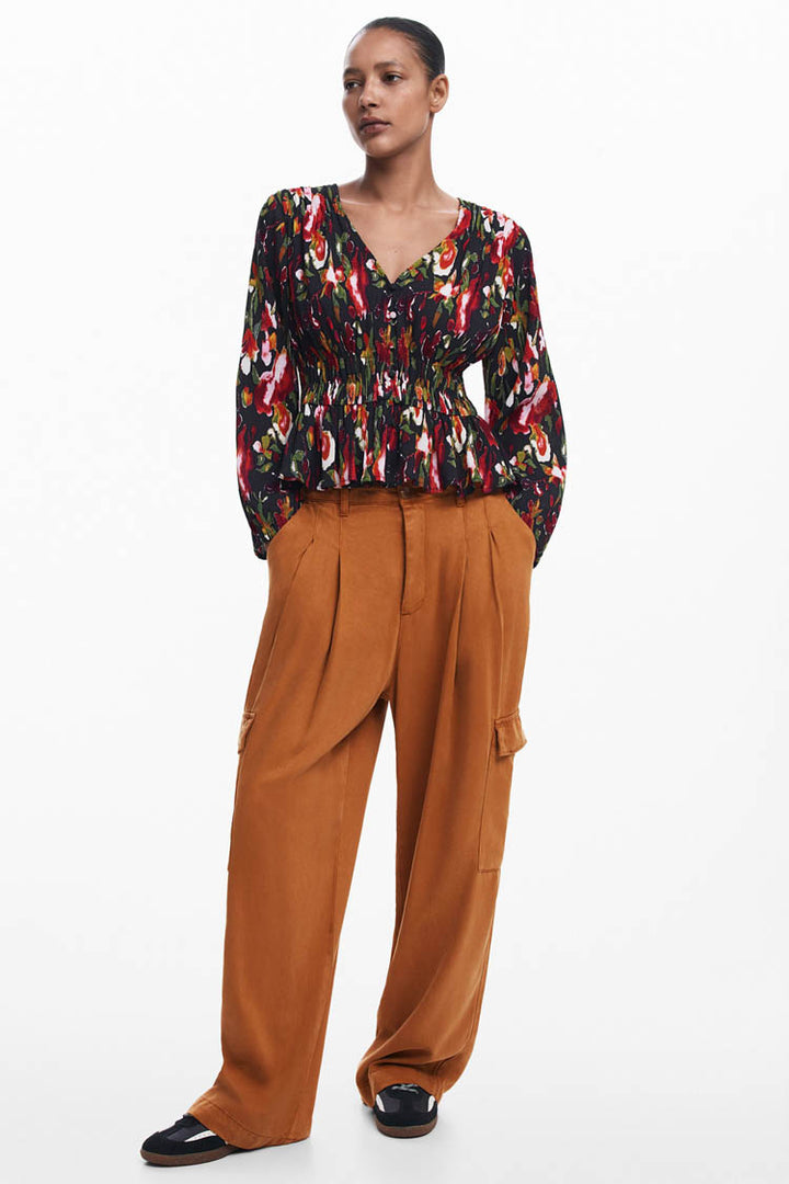 V-Neck Floral Blouse with Shirred Waist