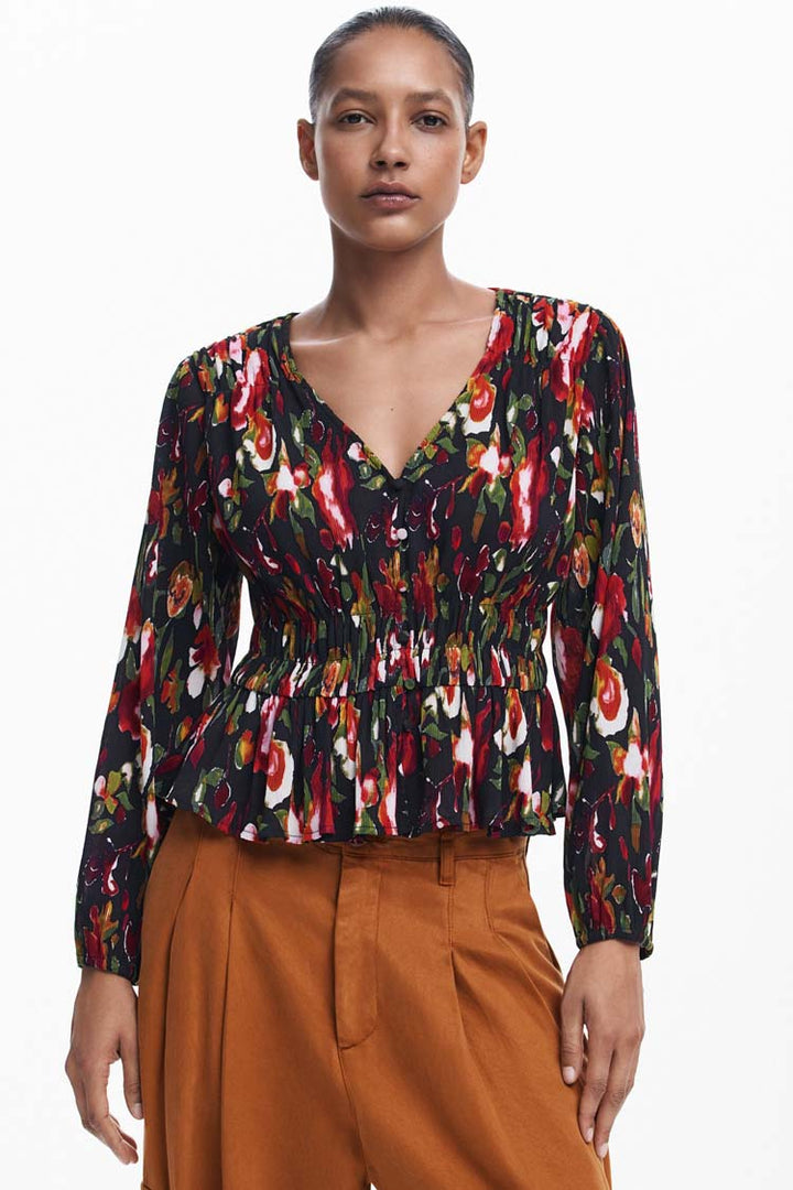 V-Neck Floral Blouse with Shirred Waist