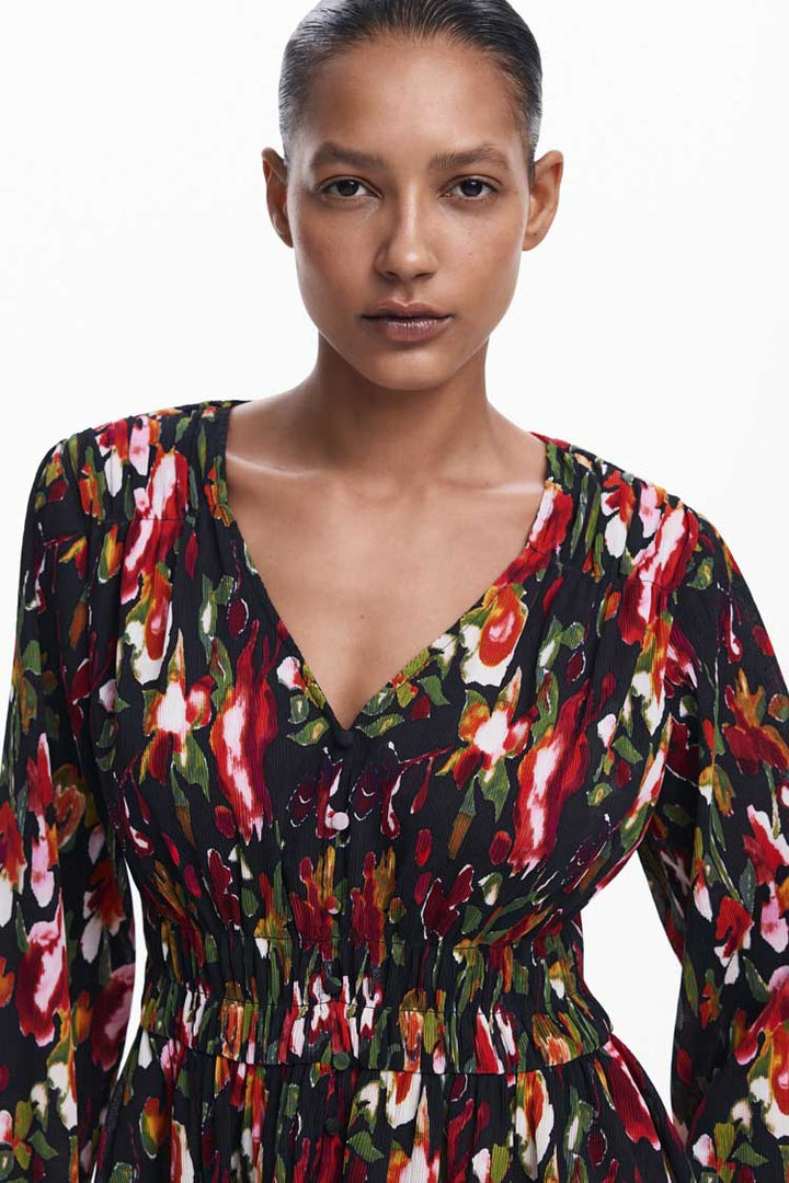 V-Neck Floral Blouse with Shirred Waist