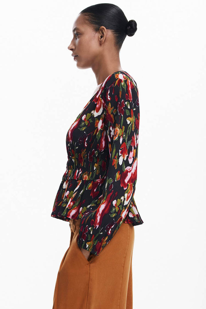 V-Neck Floral Blouse with Shirred Waist
