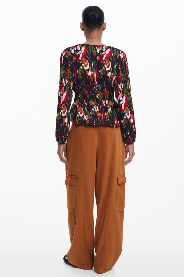V-Neck Floral Blouse with Shirred Waist