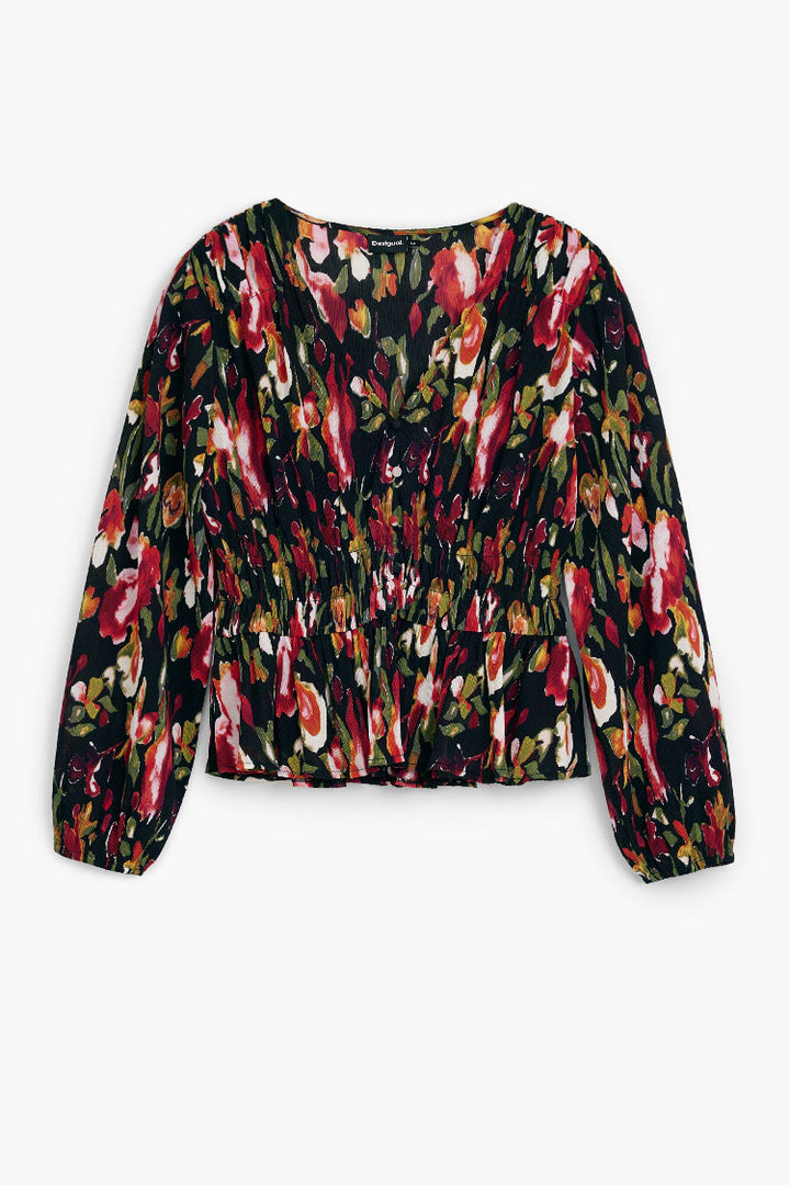 V-Neck Floral Blouse with Shirred Waist