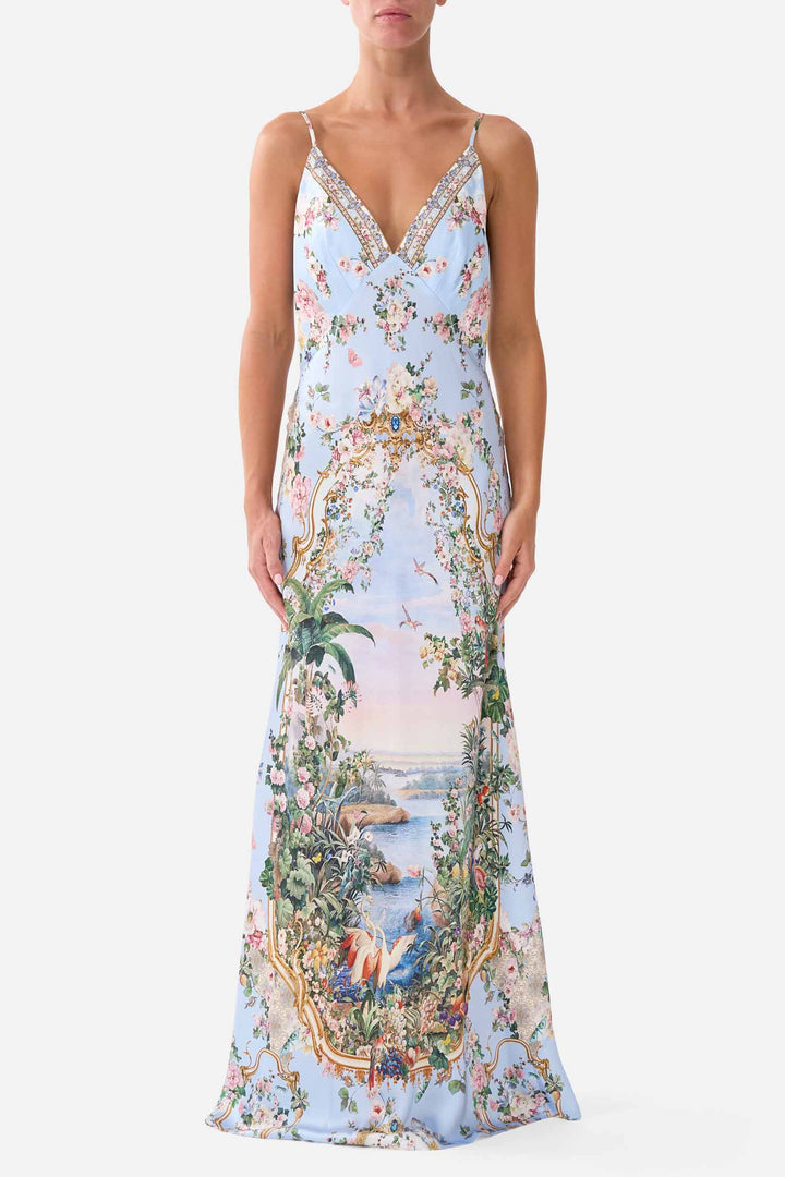 V Neck Full Length Bias Slip Dress