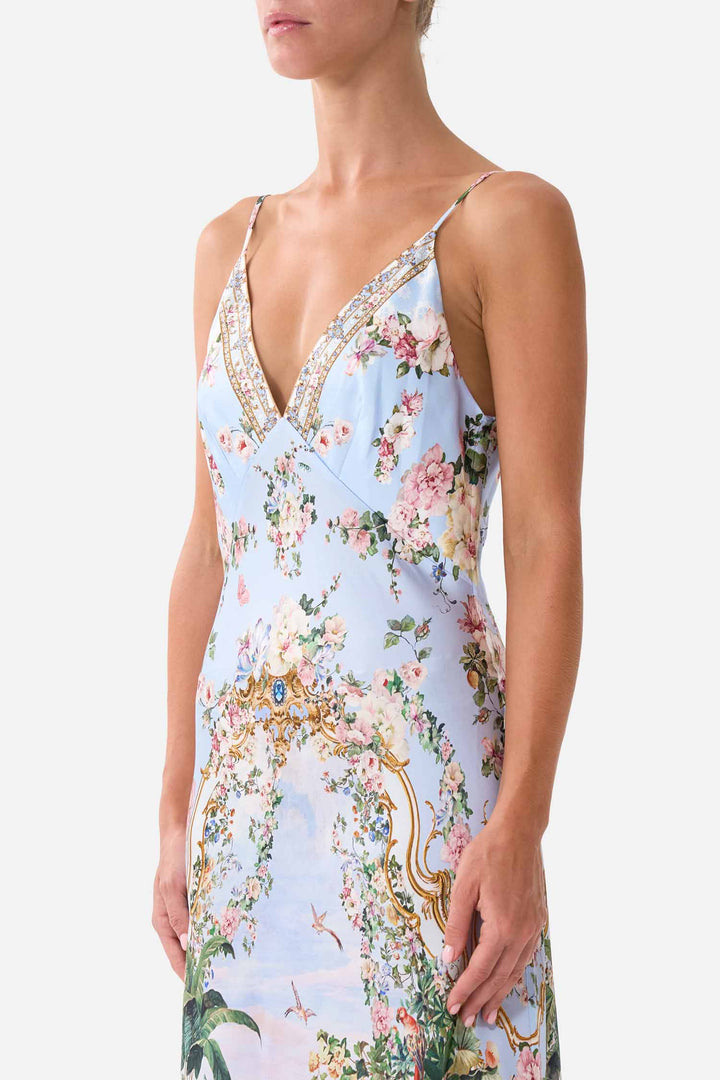 V Neck Full Length Bias Slip Dress