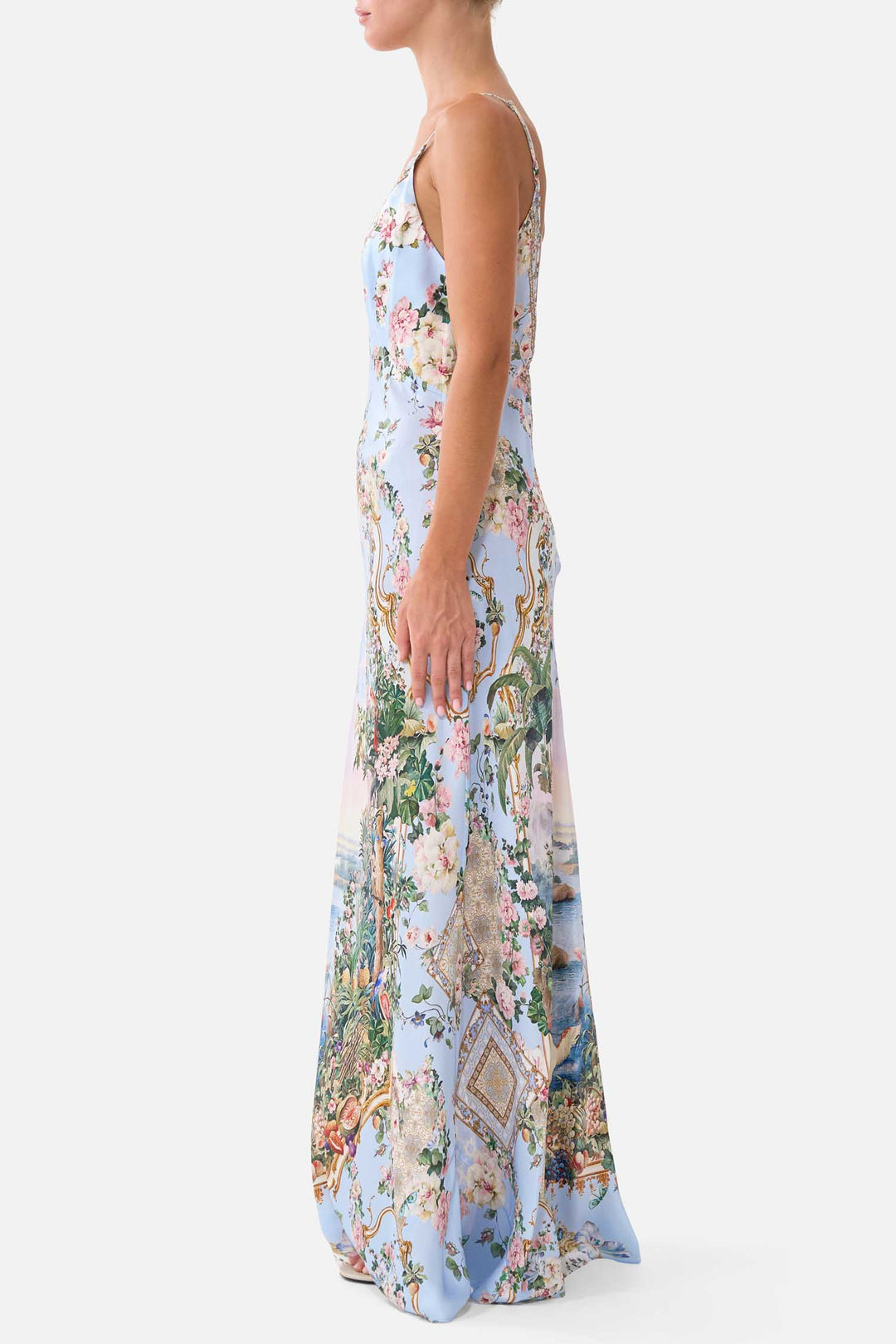 V Neck Full Length Bias Slip Dress