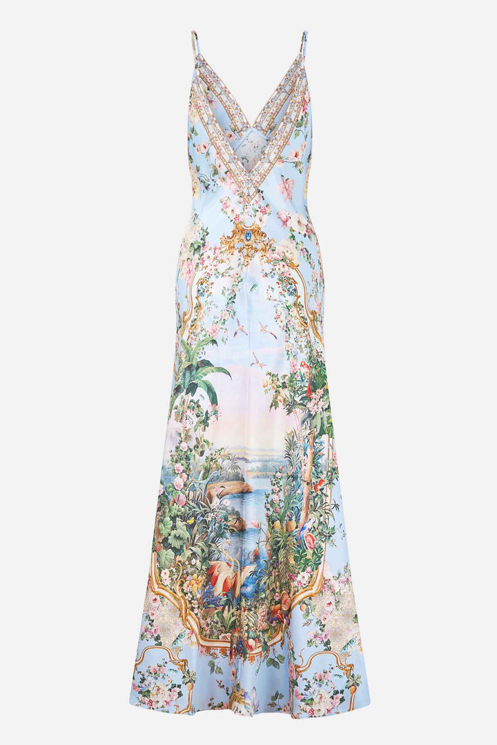 V Neck Full Length Bias Slip Dress