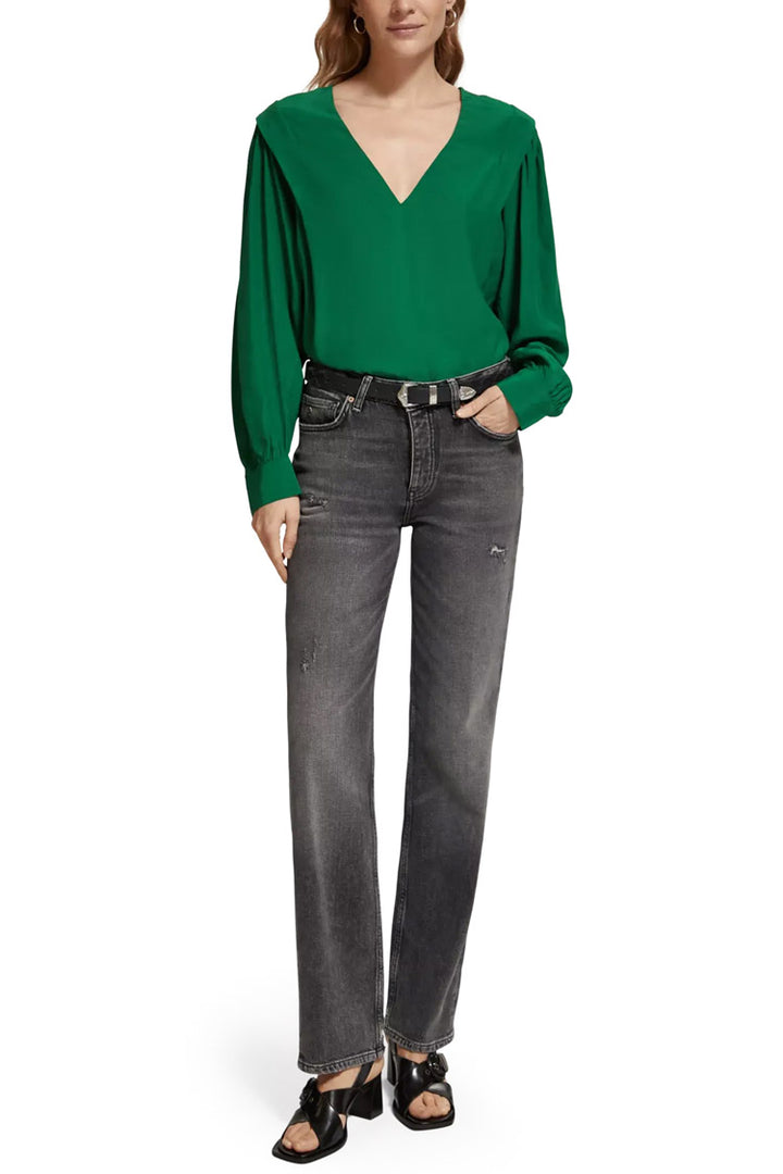 V-neck LS Blouse w Lip Shoulder in Pine Tree | FINAL SALE