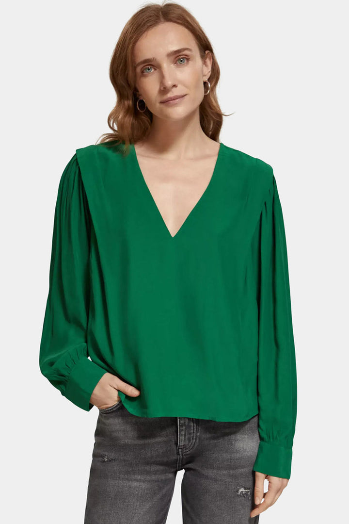 V-neck LS Blouse w Lip Shoulder in Pine Tree | FINAL SALE