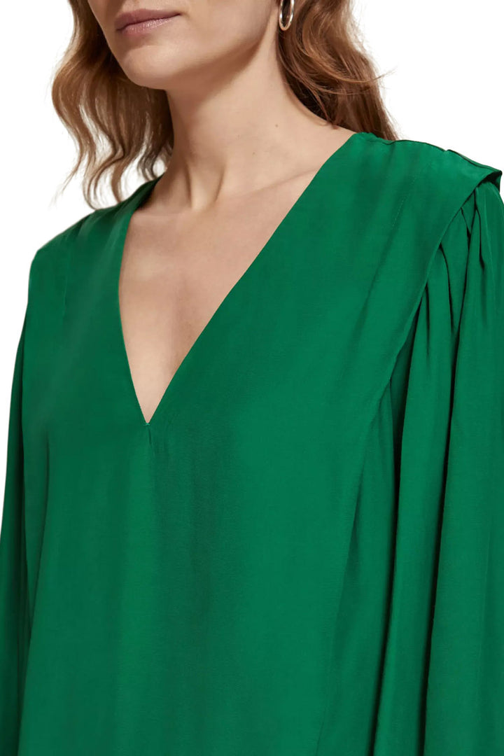 V-neck LS Blouse w Lip Shoulder in Pine Tree | FINAL SALE