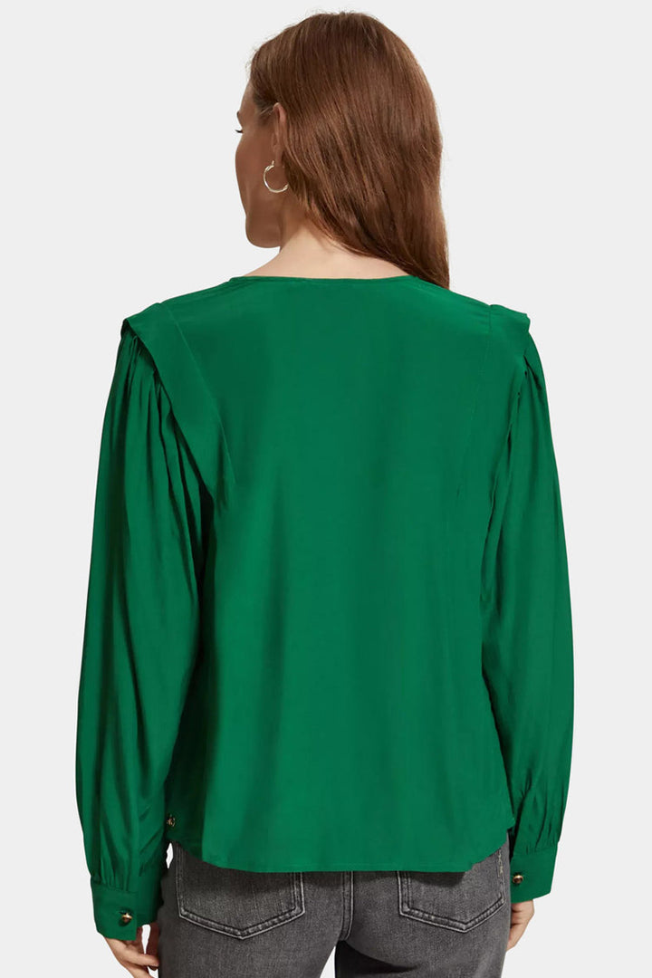 V-neck LS Blouse w Lip Shoulder in Pine Tree | FINAL SALE