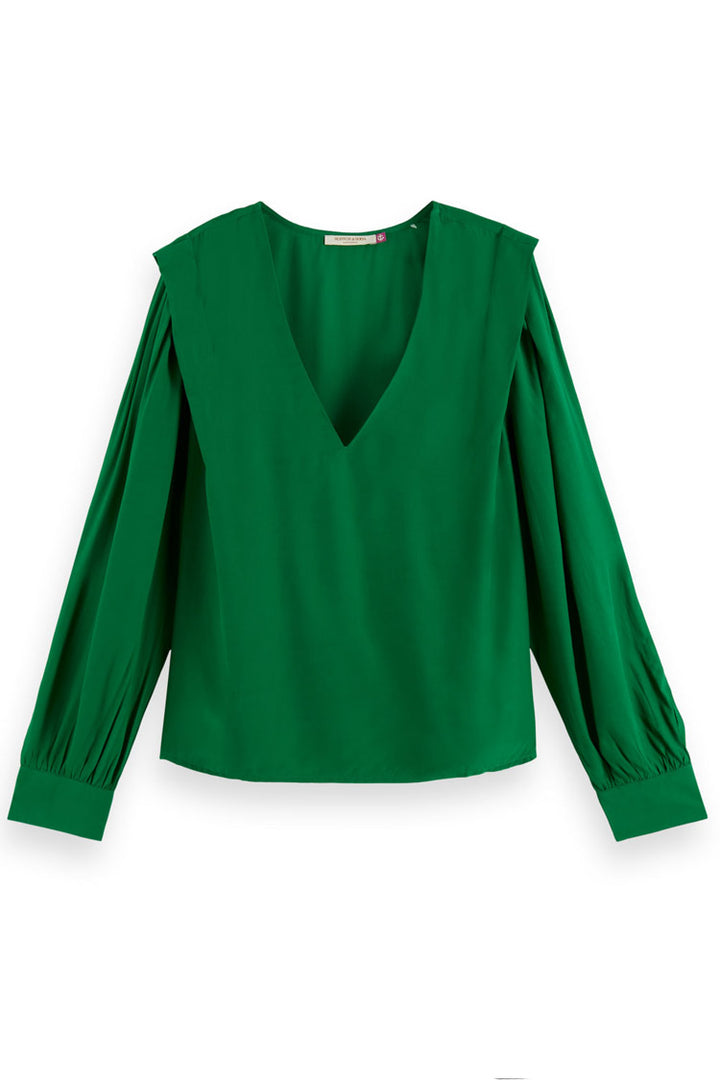 V-neck LS Blouse w Lip Shoulder in Pine Tree | FINAL SALE