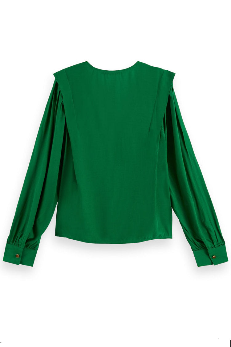 V-neck LS Blouse w Lip Shoulder in Pine Tree | FINAL SALE