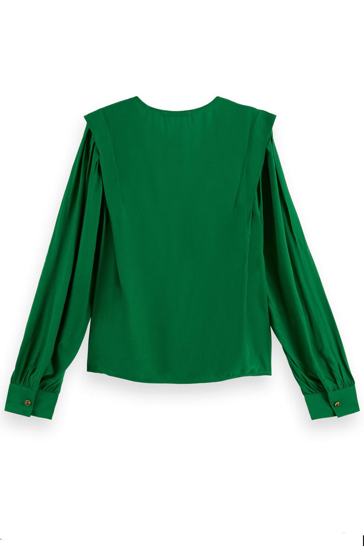 V-neck LS Blouse w Lip Shoulder in Pine Tree | FINAL SALE