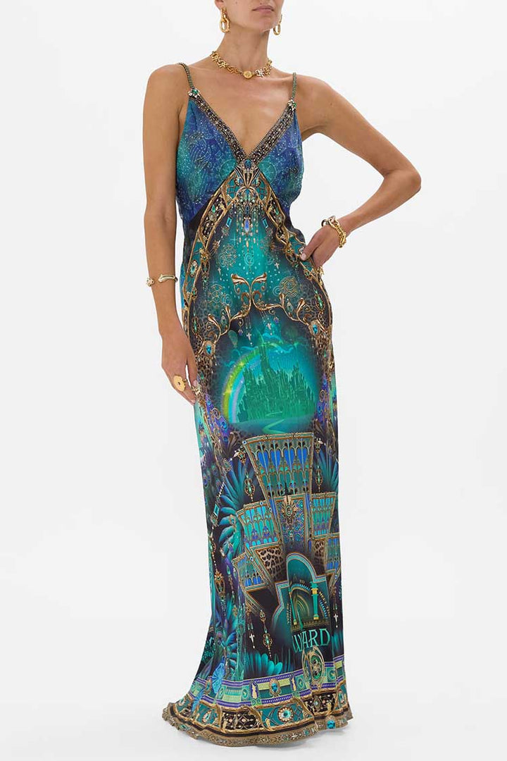 V Neck Long Bias Slip Dress With Train in Defy Gravity