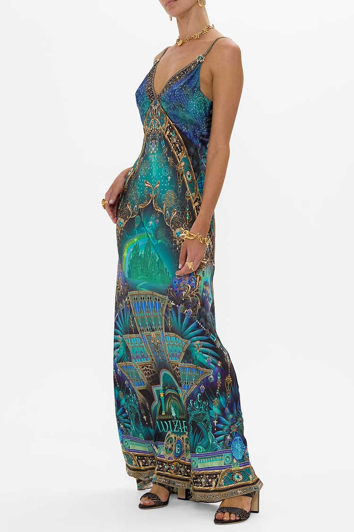 V Neck Long Bias Slip Dress With Train in Defy Gravity