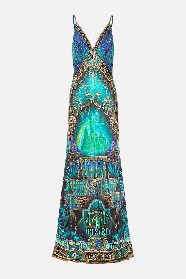 V Neck Long Bias Slip Dress With Train in Defy Gravity