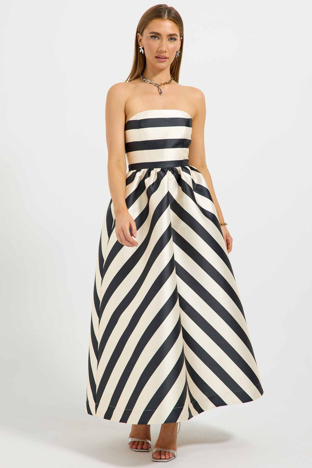 Valerie Strapless Midi Dress in Black/Cream