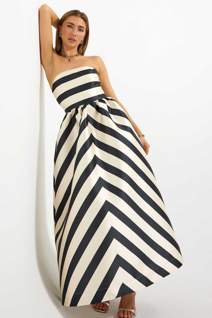 Valerie Strapless Midi Dress in Black/Cream