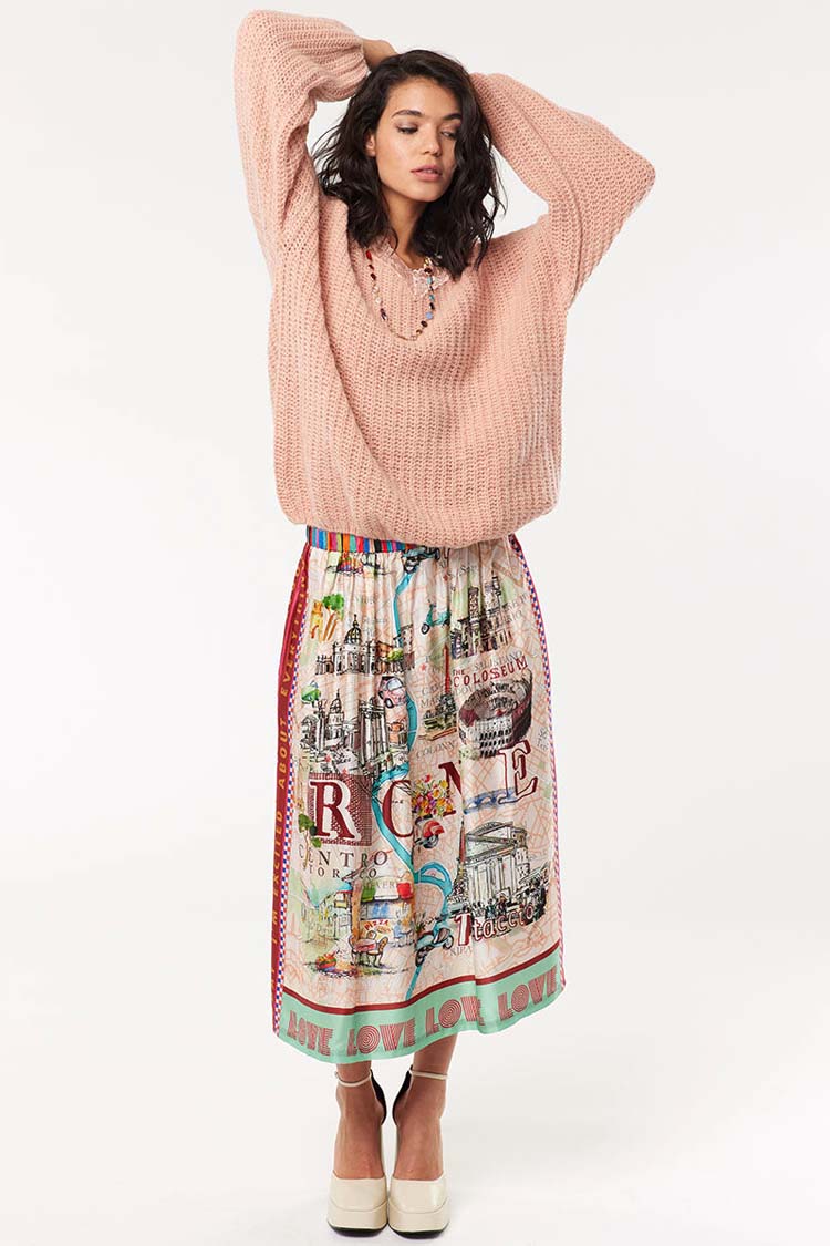 Vanessa Printed Midi Skirt in Rouge