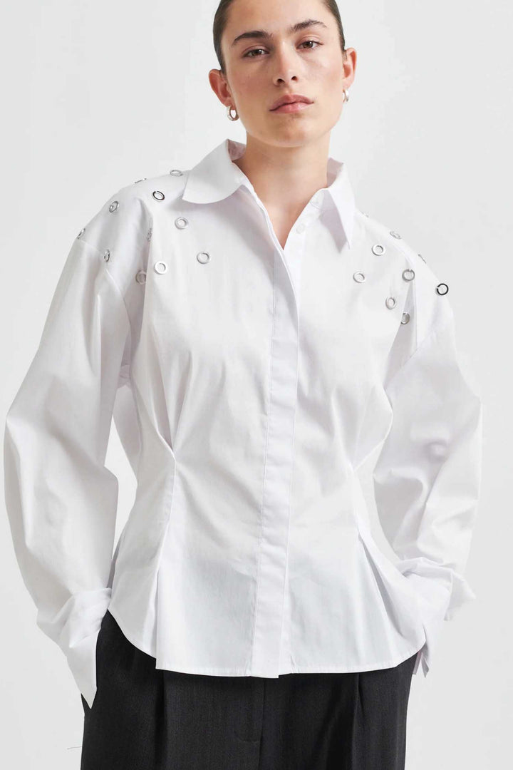 Viktoria Stud Shirt w Eyelets in White