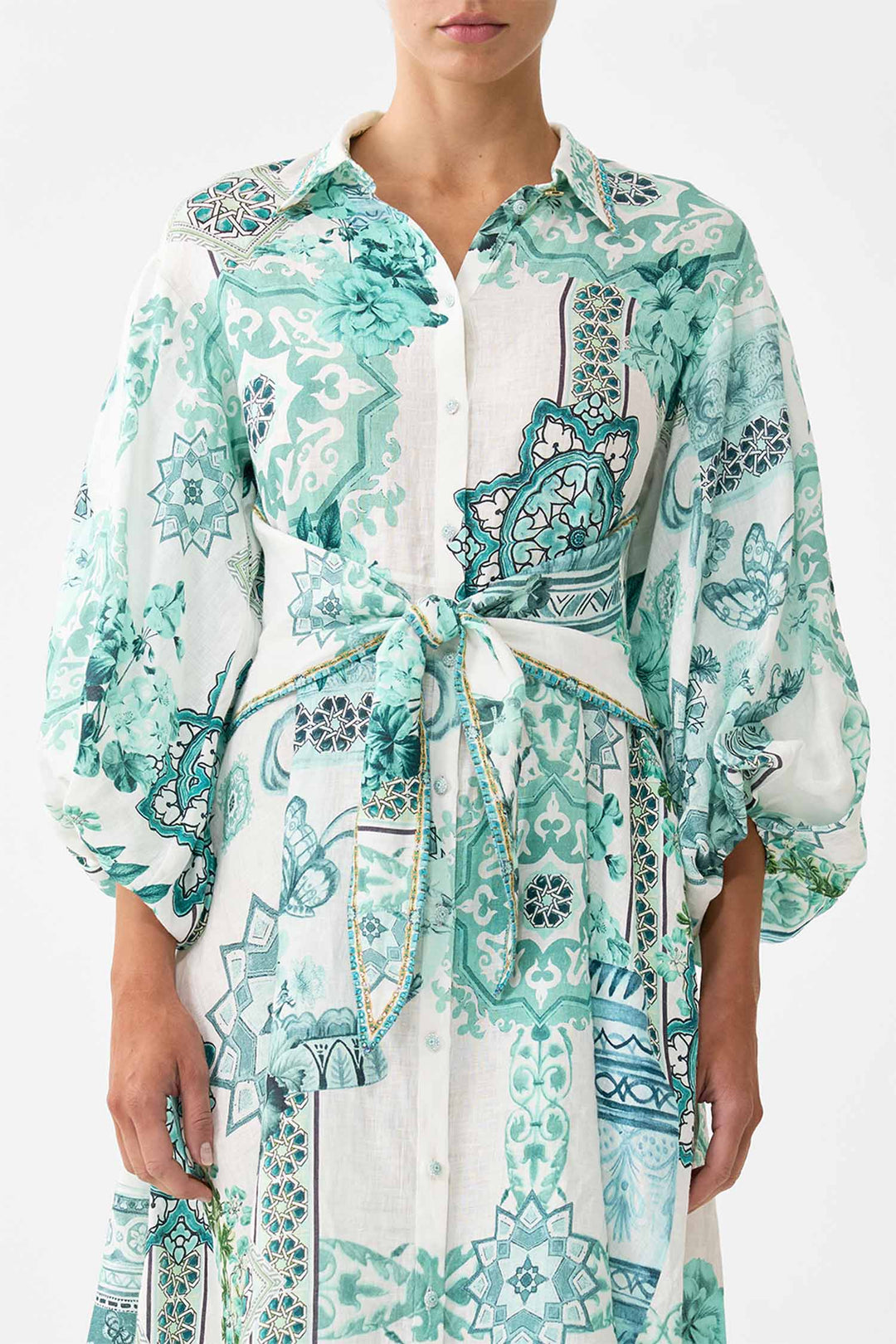 Waist Tie Shirt Dress with Bubble Sleeve in Balearic Bebe