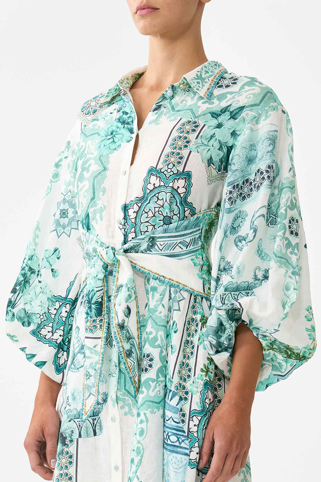 Waist Tie Shirt Dress with Bubble Sleeve in Balearic Bebe