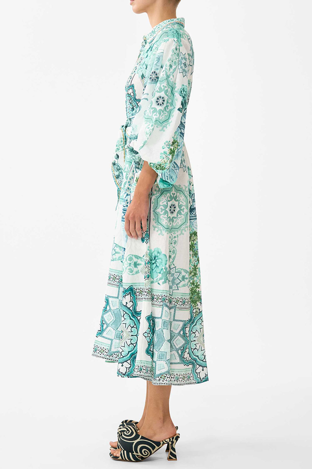 Waist Tie Shirt Dress with Bubble Sleeve in Balearic Bebe