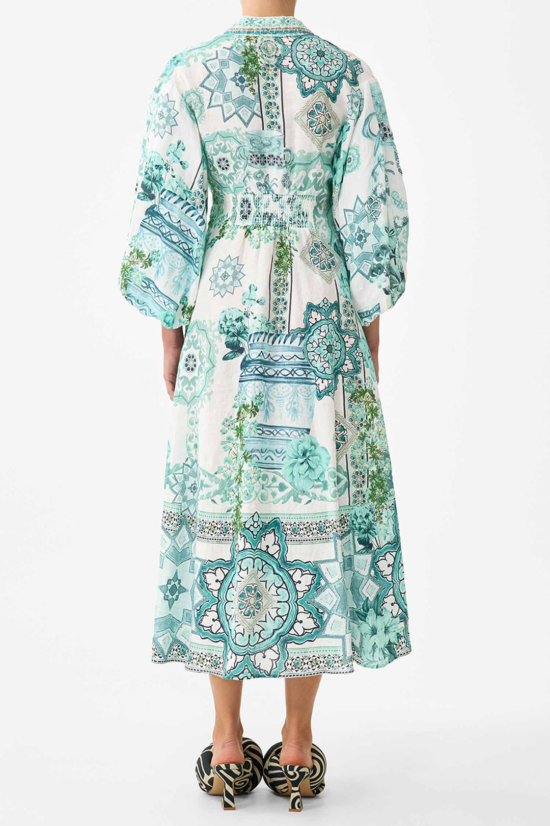 Waist Tie Shirt Dress with Bubble Sleeve in Balearic Bebe