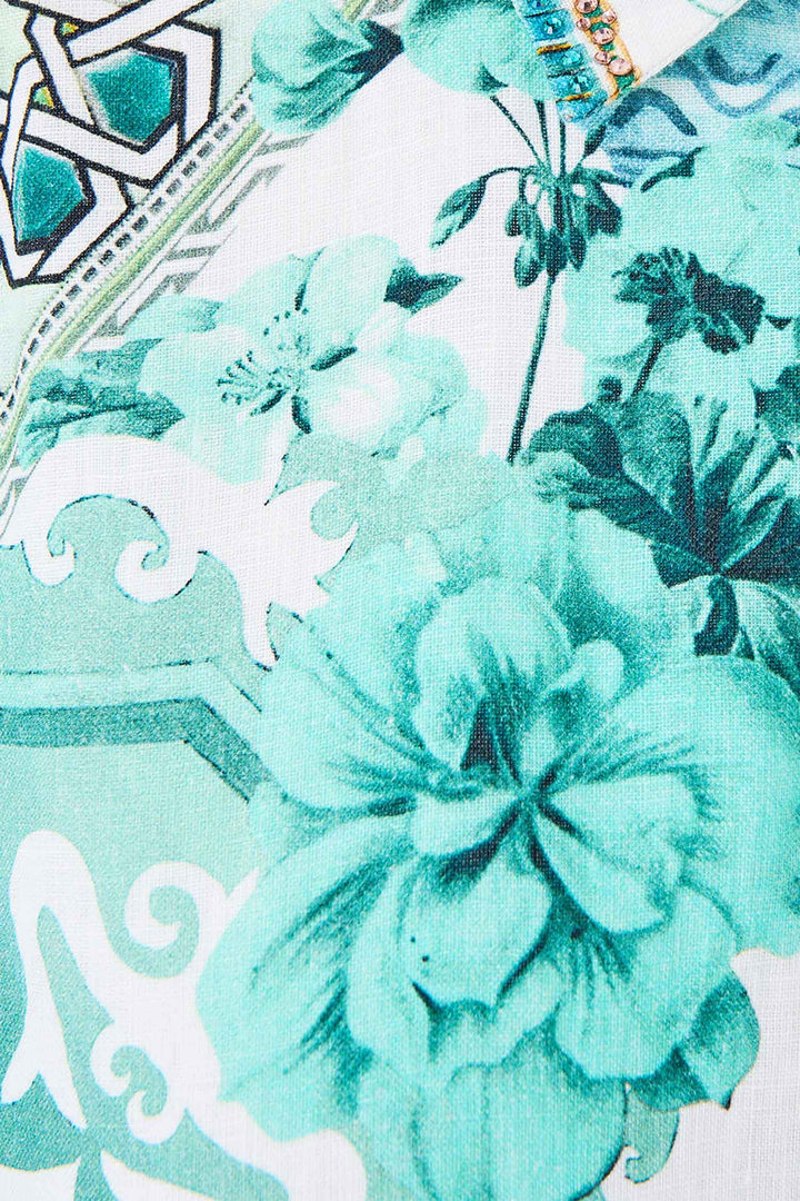 Waist Tie Shirt Dress with Bubble Sleeve in Balearic Bebe