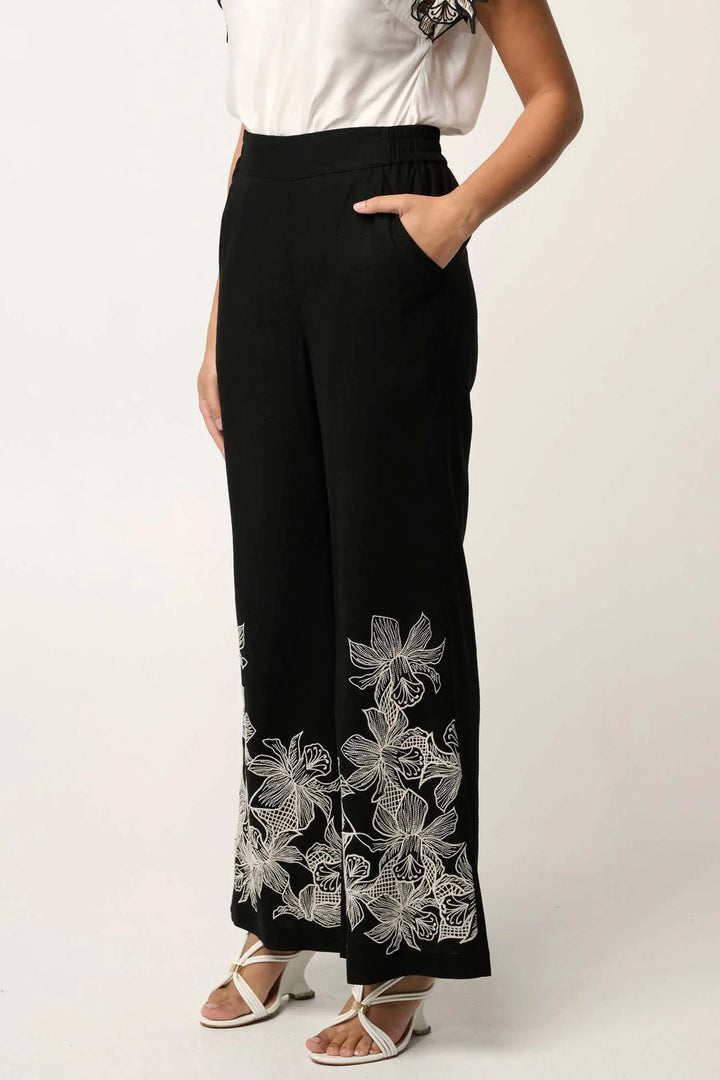 Willow Embroidery Detail Pant in Black